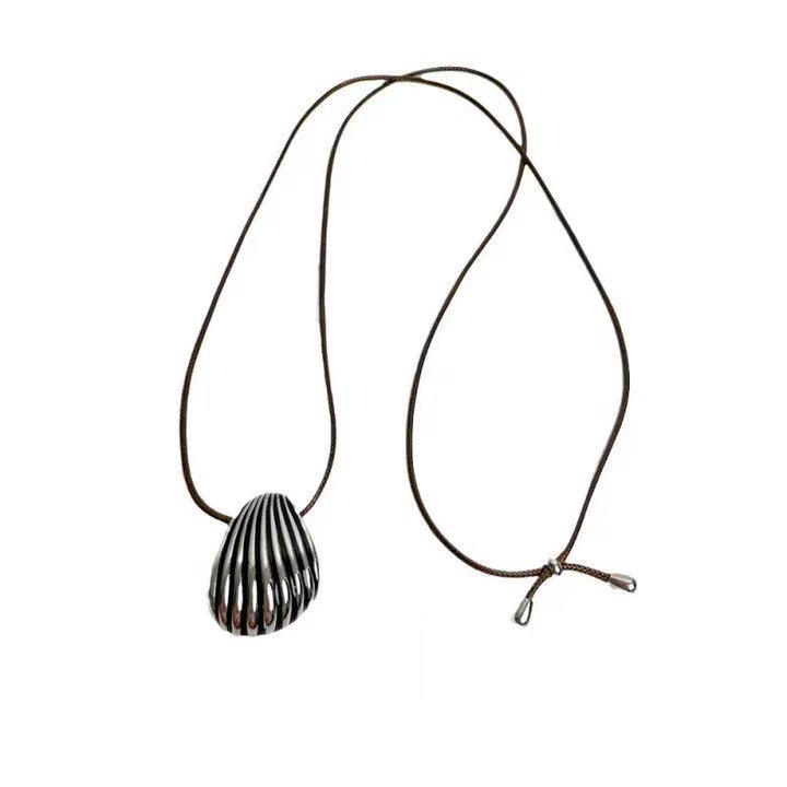 Elegant Silver Seashell Pendant Necklace with Brown Leather Cord