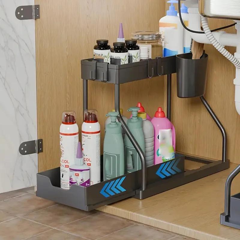 2 Tier Sliding Drawer Storage Rack Multi Functional Kitchen Bathroom Under Sink Organizer Desktop Makeup Storage Rack R Shaped
