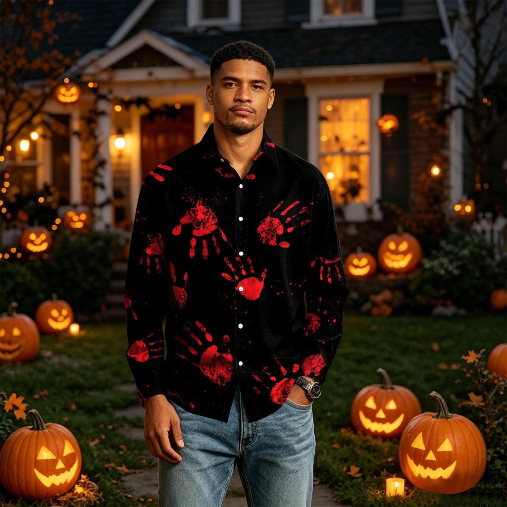 Men's Long Sleeve Halloween Printed Button Down Shirt