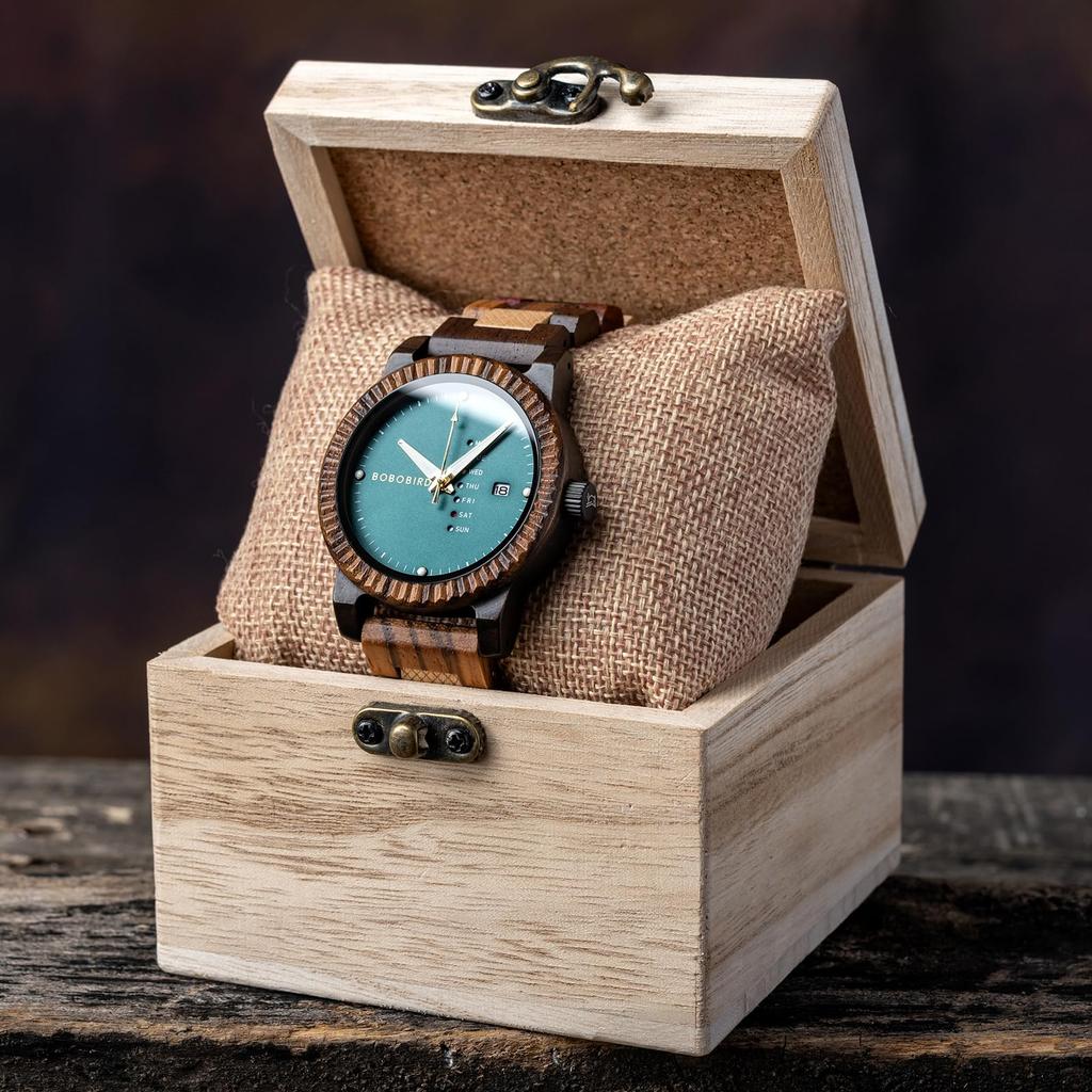 BOBO BIRD Orologio da Uomo in Legno con Movimento Analogico al Quarzo, Display Giorno-Data, Leggero Orologio in Legno Fatto a Mano (verde)