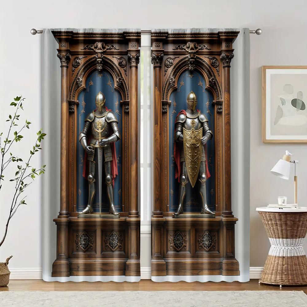 2pcs   Light Filtering Curtains Medieval Knight Armor Fabric (without rod) Festive Use for Living Room & Kitchen Decor