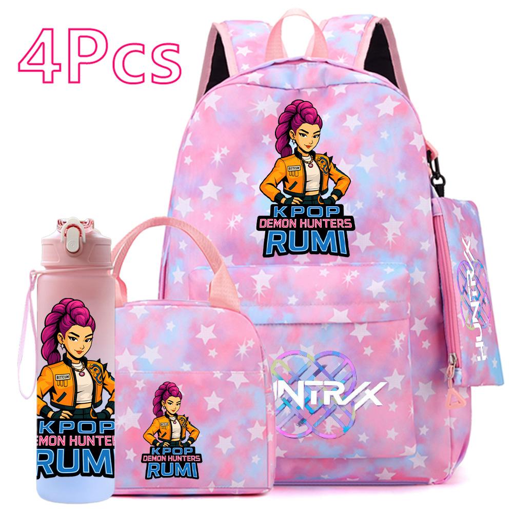 4-teiliges/Set K-POP Bedruckter Rucksack Große Kapazität Schultasche Handtasche Etui Tasche mit 750 ml Wasserflasche Junge Mädchen Schultasche wasserdicht Reisetasche Mochila