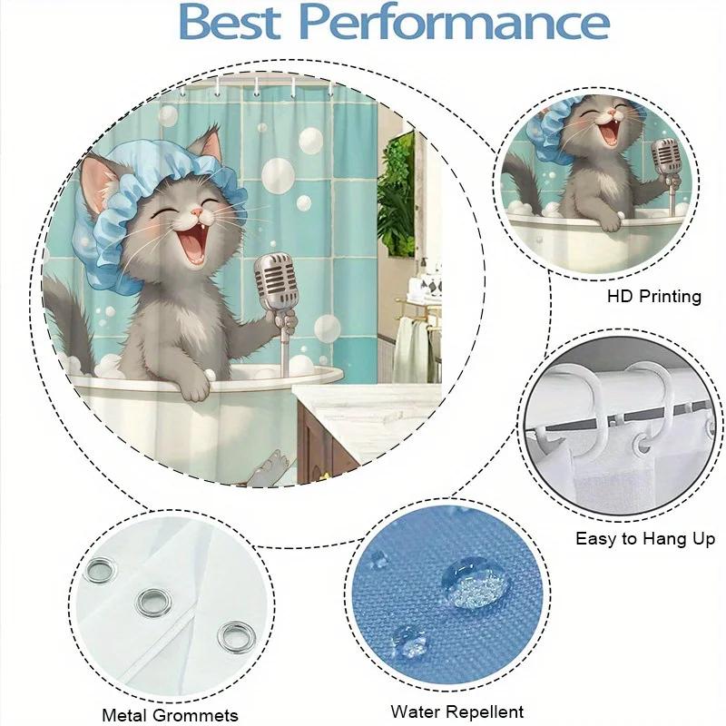 1Pc Anthropomorphic Cat Shower Curtain - Singing In Bathtub, Retro Microphone Design, Polyester, Fashionable Bathroom Decor