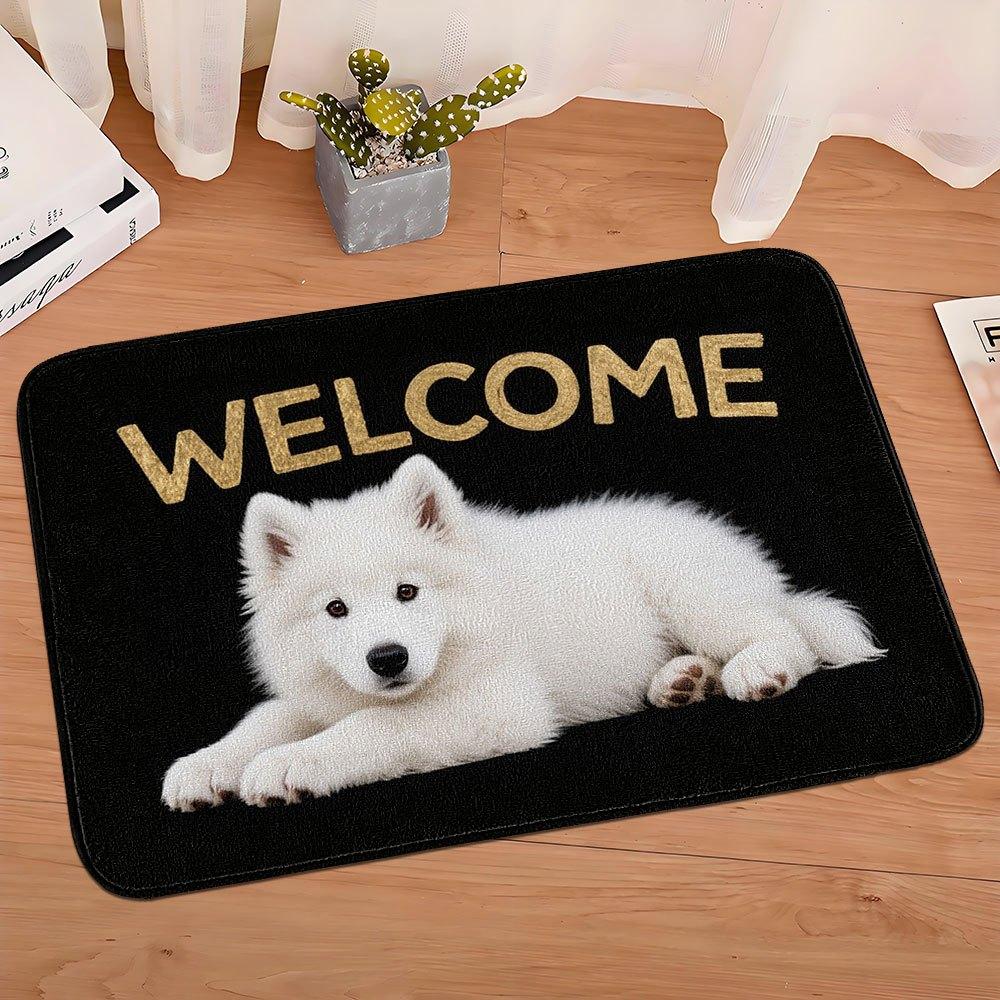 1 Stück Flanell-Fußmatte, Außen- und Innen-Willkommensmatte für die Haustür, Samojeden-Hund-Souvenir und Weihnachtsgeschenk, mit süßem Welpen und WELCO