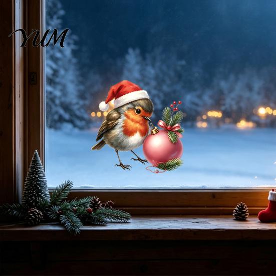Cute Bird Holiday Patterns Christmas Window Cling, Static Sticker with Santa Hat And Bauble, Wall Stickers Waterproof UV-Resistant Glass Decal