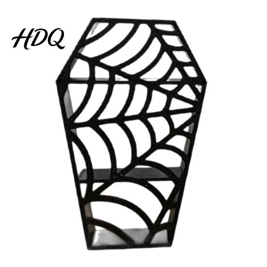 Feiertags-Ausstellungsständer Spinnennetz-Regal in Sargform, 3D-gedrucktes gotisches mehrstufiges Mini-Figurenregal, Figuren-Aufbewahrungskoffer Halloween Schwarz Hohl