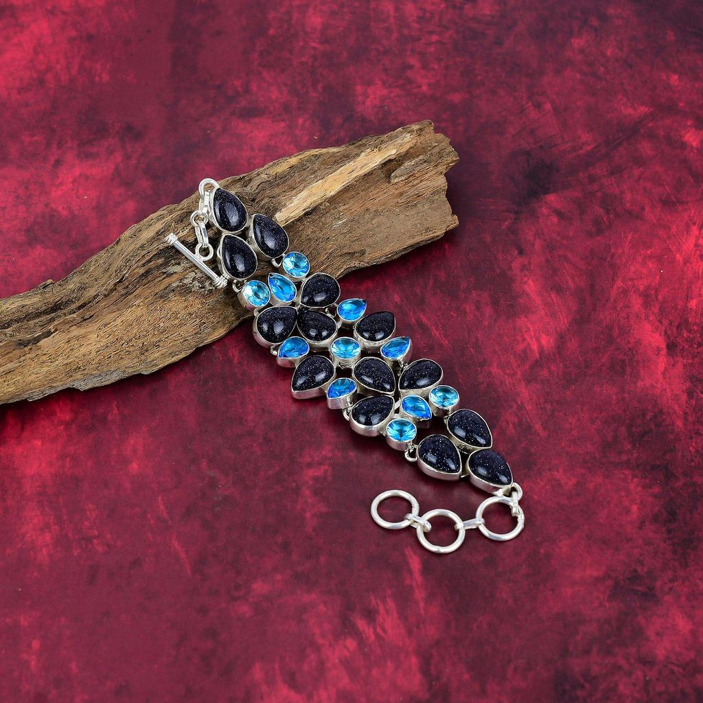 Blue Sunstone, Blue Topaz Bracelet, 925 Solid Sterling Silver Gemstone Jewelry, Handmade Bracelet For Mother Day