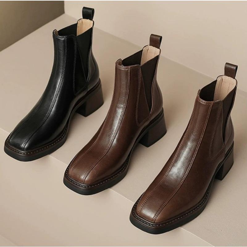 Autumn and Winter Retro Short Boots Women's 2024 New Genuine Leather Thick Heel Square Toe Chelsea Boots High Heel Woman's Shoes