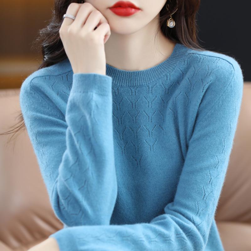 2023 Fashion New Pullover Sweater Round Neck Hollow Jacquard Knitted Top Loose Bottom