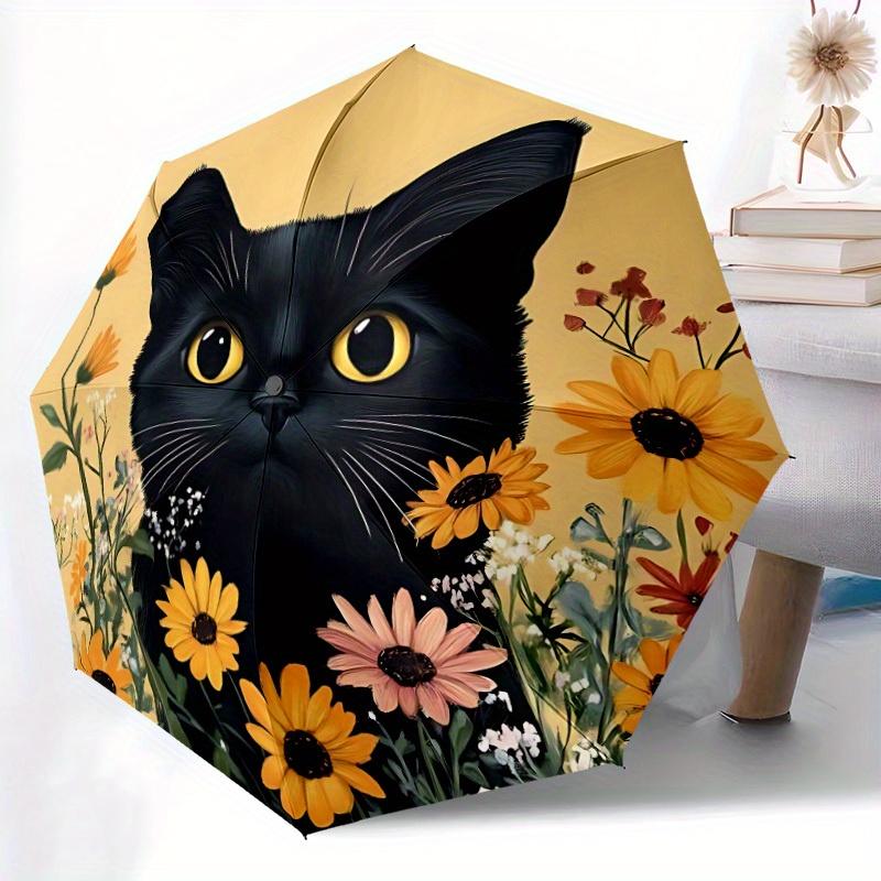 1pc Black Cat Floral Print Automatic Open/close Folding Umbrella, Compact Portable Travel Umbrella, Perfect Birthday/Christmas, Cute Umbrell