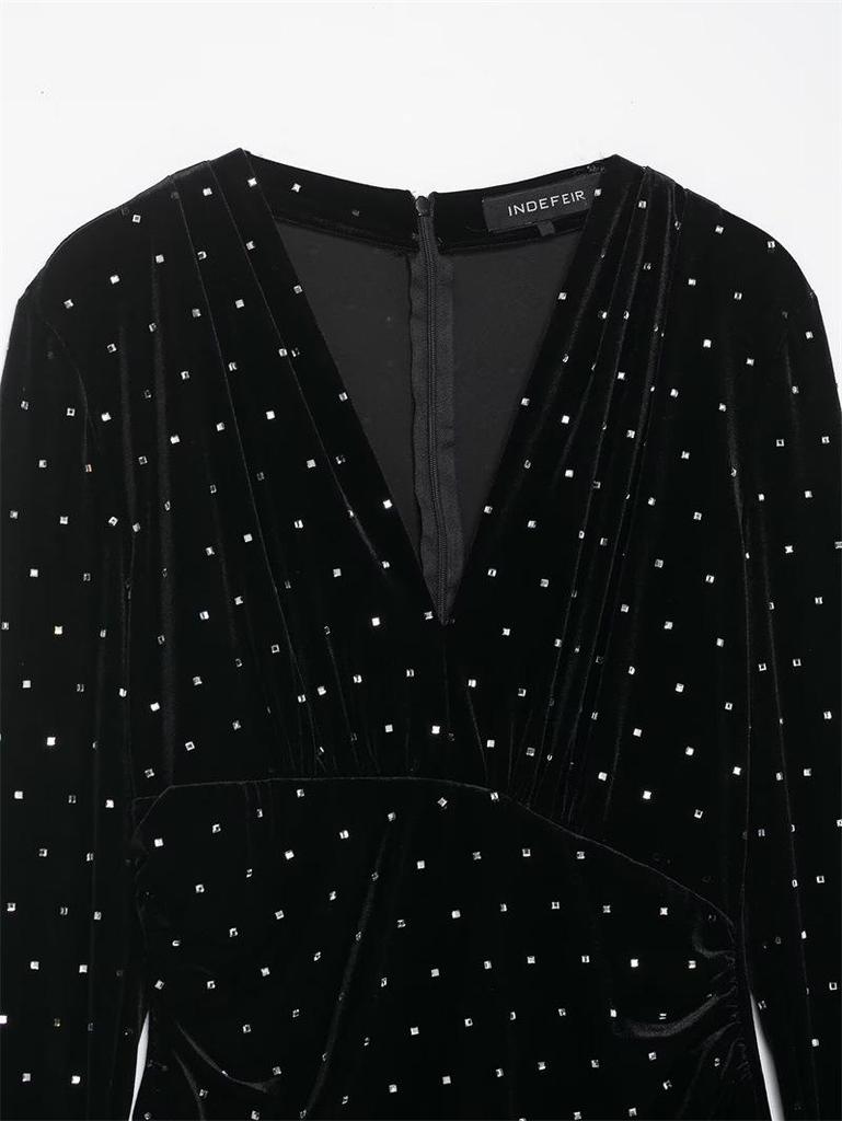 European & American Style 2025 Winter Shiny Beaded Velvet Dress