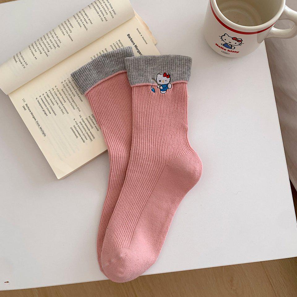 Korean Trendy Double Needle Mid-Calf Socks with Foldable Ribbed Cuff & Cute Cartoon Cat Embroidery