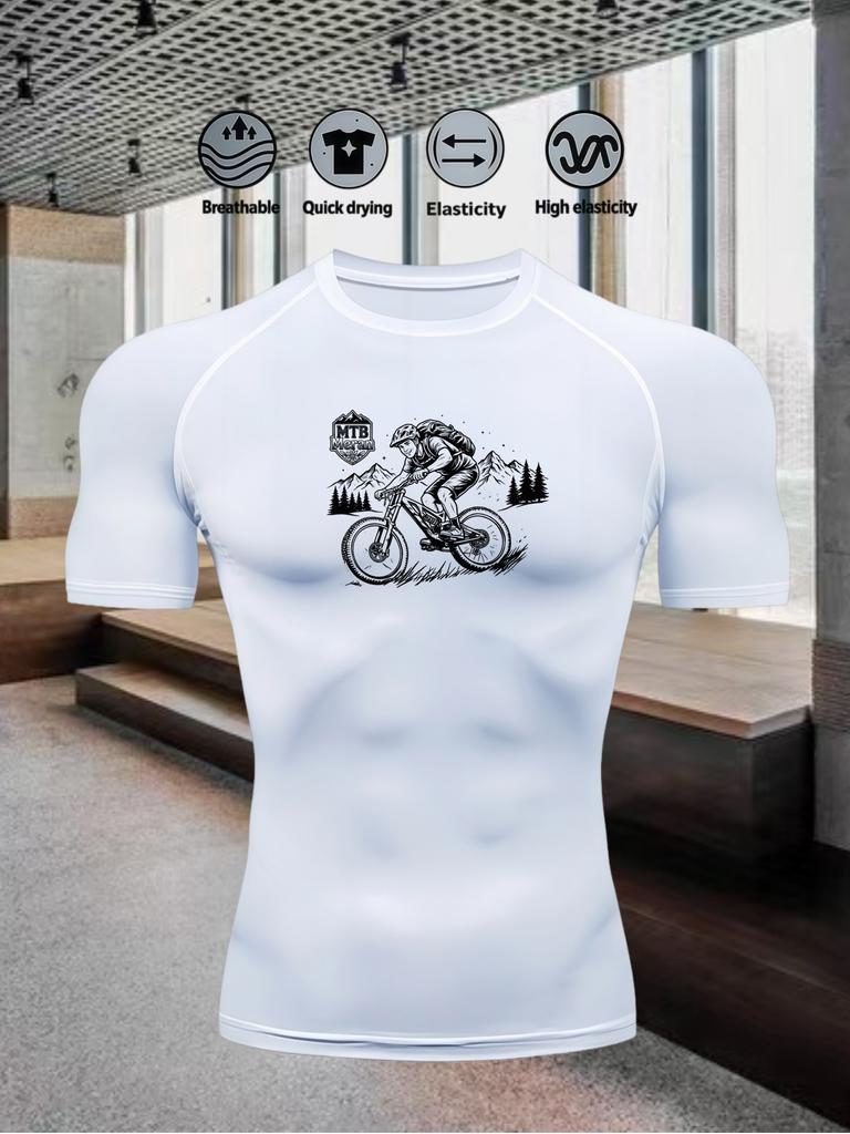 Men's Compression Shirt Quick Dry Navy Blue Gym T-Shirt Mountain Bike Print Workout Sportswear