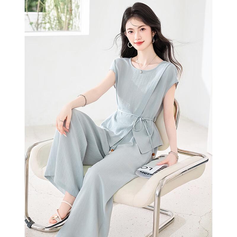 Women's Elegant Tie-Waist Short Sleeve Top & Pants Set