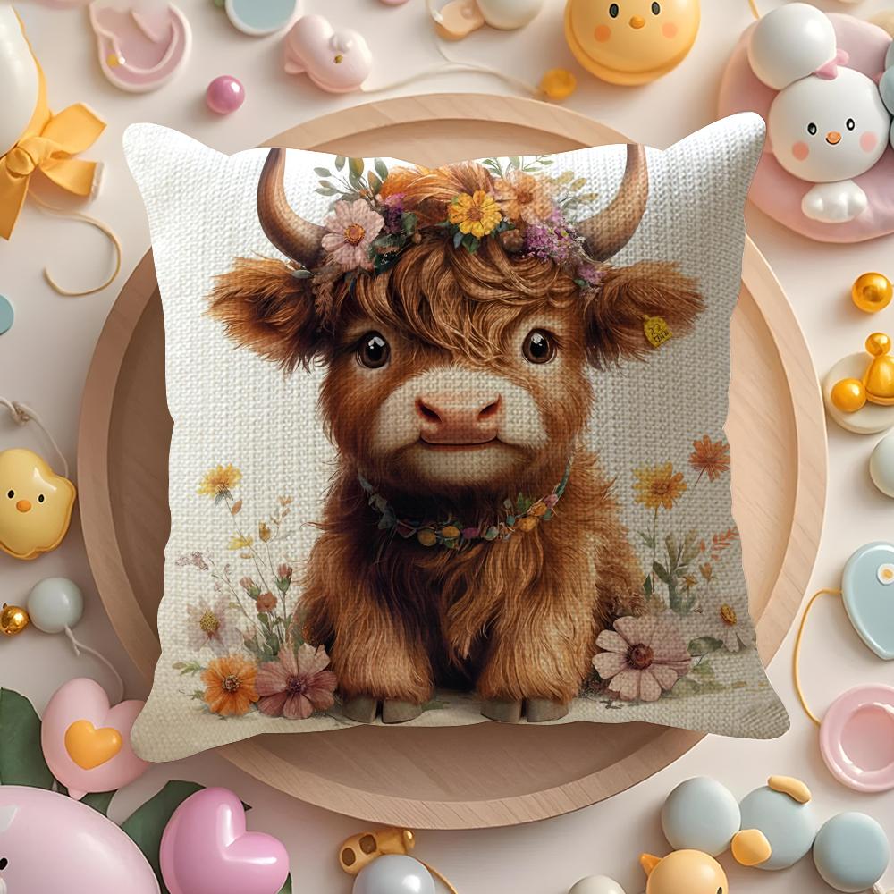 Highland cow and flower Cushion Cover Natural Linen Organic Fabric DoubleSided Printing Sofa Home Decor Gift Pillow Cover