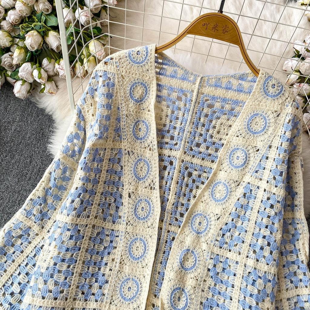 Bohemian Herbst/Winter V-Ausschnitt Langarm Häkel-Ausschnitt All-Match Lockerer Cardigan