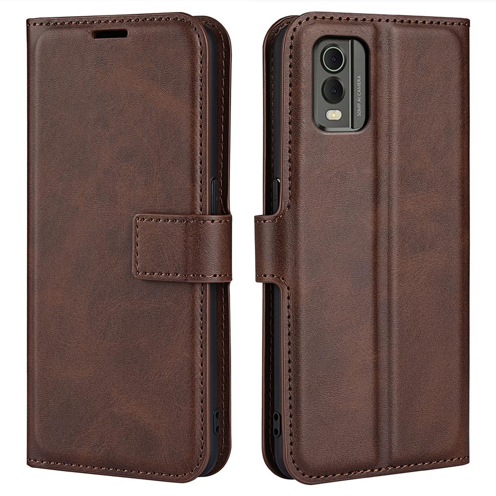 

For Nokia C32 Stand Shell Wallet Square Magnetic Closure PU Leather Calf Texture Phone Case Brown