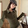 Damen kariertes Patchwork-Langarm-Polo: Herbst/Winter Schlankmachendes Koreanisches Lagenoberteil