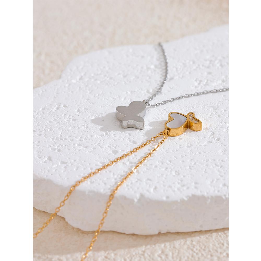 Yhpup Chic Natural Shell CZ Butterfly Pendant Necklace Fashion Luxury Stainless Steel Premium Jewelry Attractive Daily Gift
