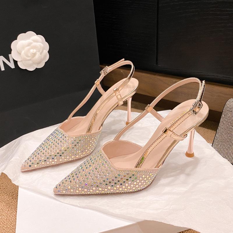 Elegant Pointed Toe Full Diamond New Silver One-Strap Hollow Stiletto Heel Women's High Heels