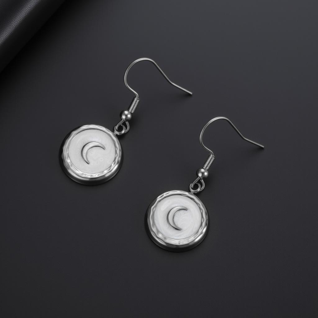 Teamer White Enamel Crescent Round Pendant Stainless Steel Dangle Earrings For Women Girls Fashion Wedding Romantic Jewelry Gift