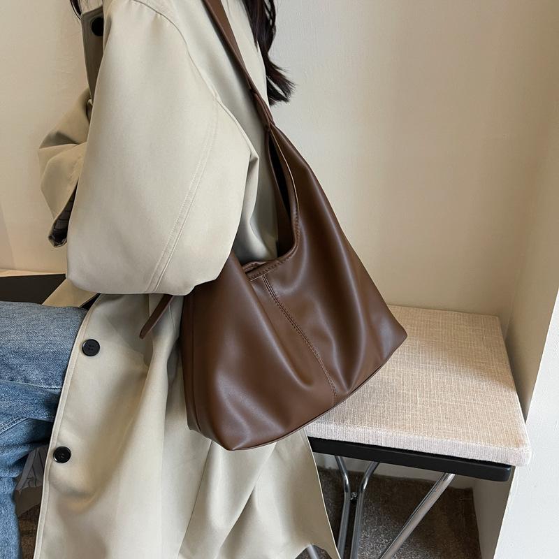 Bolsa de ombro vintage de couro PU de grande capacidade para mulheres, bolsa transversal de cor sólida e macia, bolsa tote para uso diário