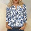 Vintage Floral Print Henley Button Neck 3/4 Sleeve Linen Cotton Blend Shirt for Women Casual Loose Fit Top
