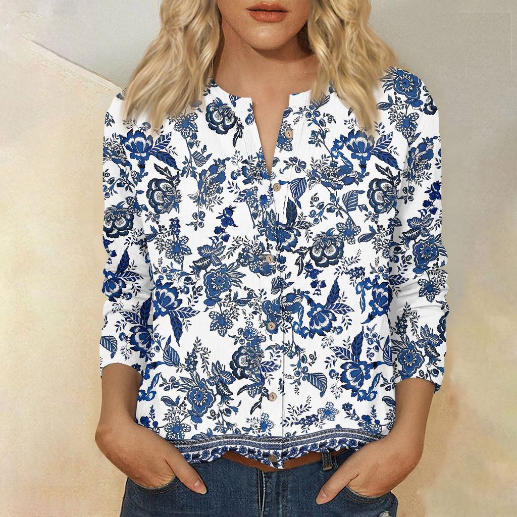 Vintage Floral Print Henley Button Neck 3/4 Sleeve Linen Cotton Blend Shirt for Women Casual Loose Fit Top
