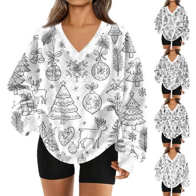 Women's Fashion Casual Long Sleeve Christmas Printed V-Neck Top Sweatshirt