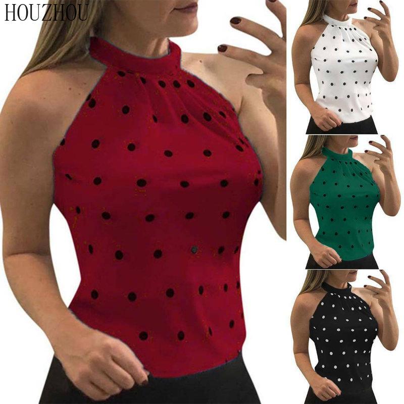 HOUZHOU Summer Vest Women Sleeveless Korean Casual Slim Shirt Polka Dot Print Hanging Neck Oversized Tops