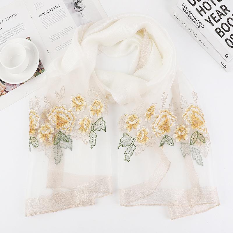 Hangzhou silk and wool blend exquisite embroidered women's long silk scarf, classic mulberry silk shawl in apricot color