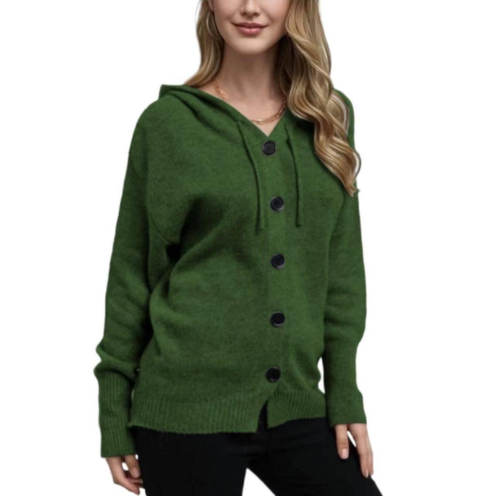 New Single-Breasted Hooded Cardigan Sweater Women's Autumn and Winter V-Neck Solid Color Knitted Sweater