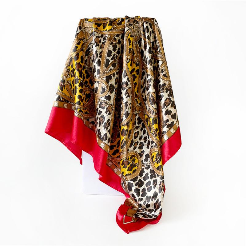 90cm Faux Silk Satin Square Scarf – Leopard Print Silk Scarf for Women, New Style Headscarf and Shawl