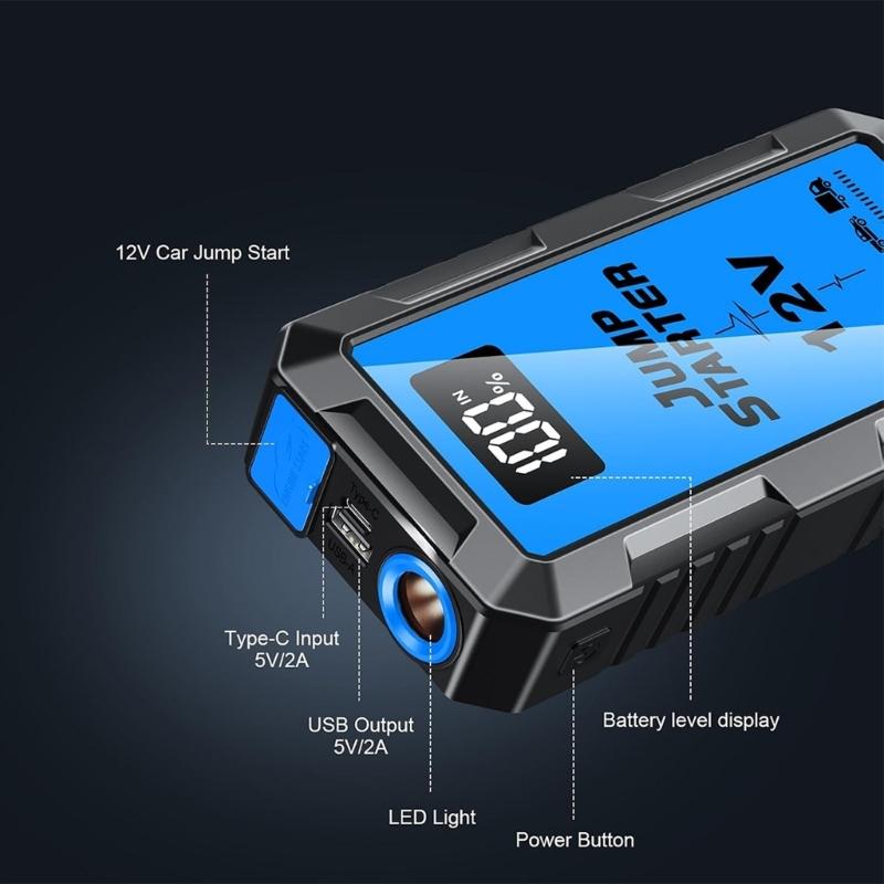 Vehicle Jump Pack with 5 V/2 A Input and Output, LCD Battery Readout, 12 V Starting Support, and Steady, Flashing, and Emergency Light Modes