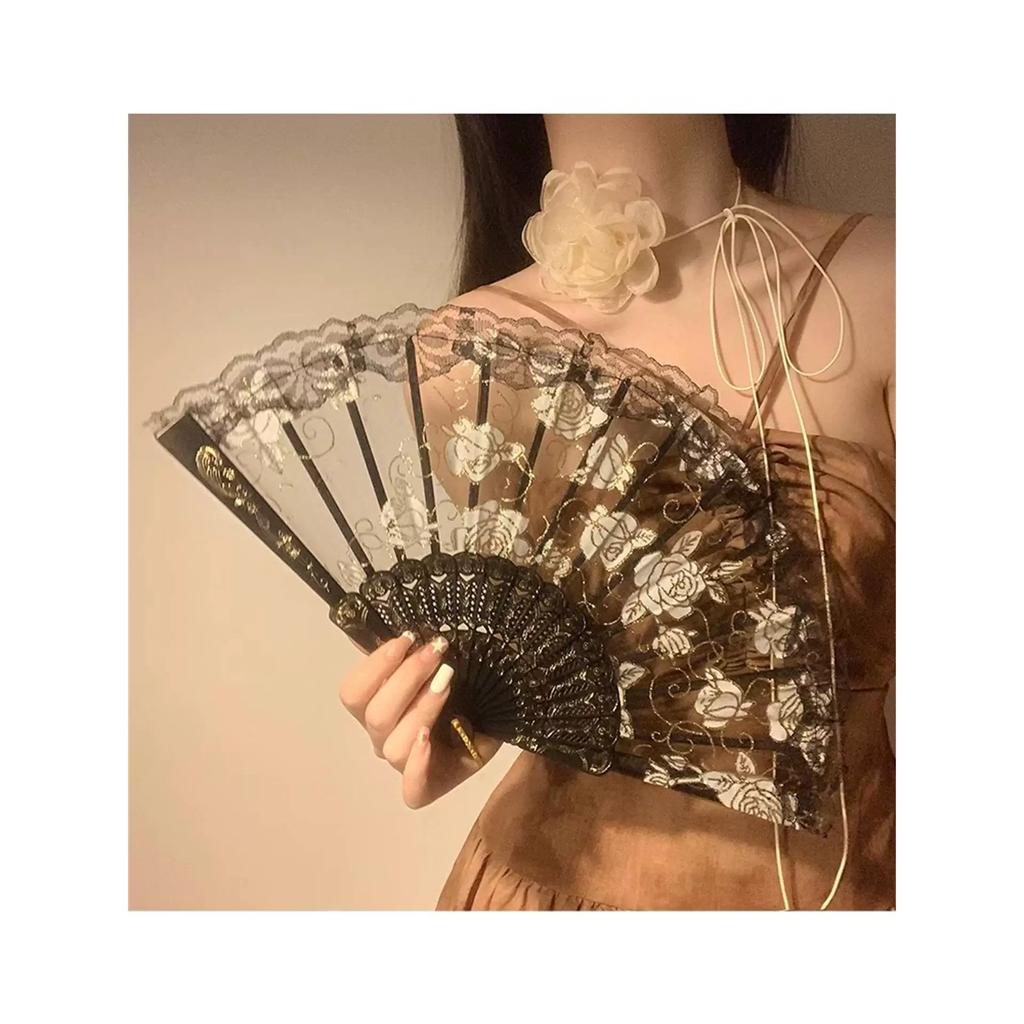 New Chinese-Style Lace Rose Fan for Women, Summer Folding Fan for Dance, Traditional Style Folding Fan with a New Design to Match the Mamian Skirt