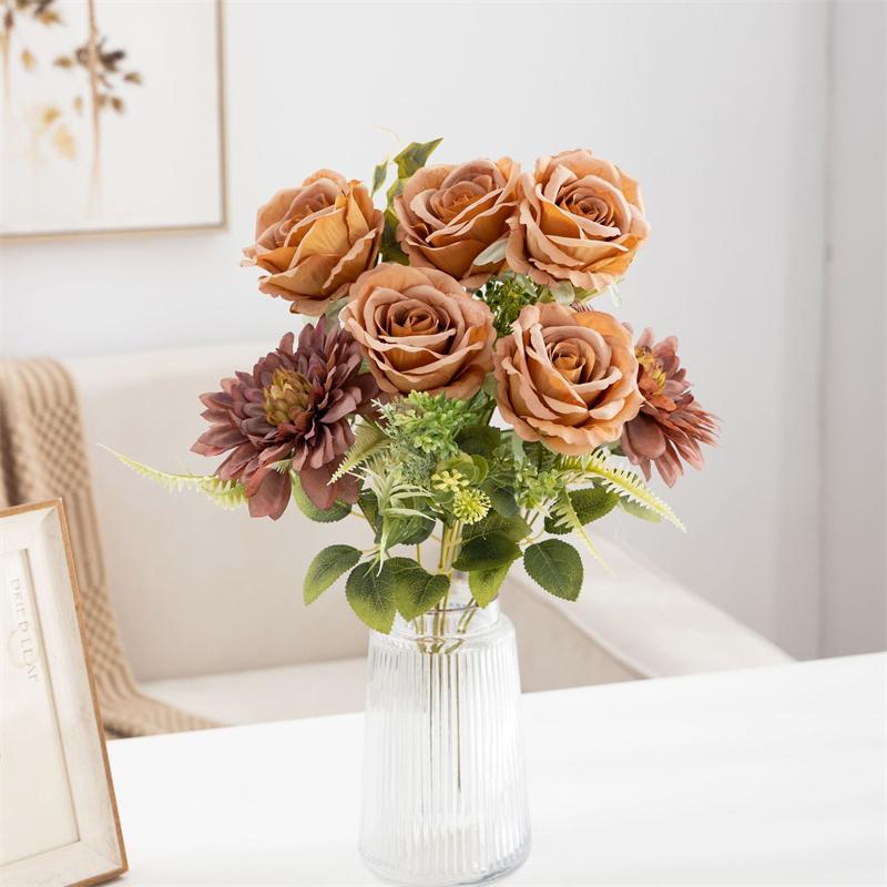 

9 вилок, большой букет искусственных роз, высококачественный домашний декор, искусственные розы для влюбленных, украшение из шелковых георгинов кофейный