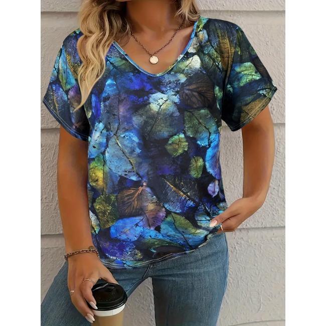 Summer V-neck 3D Retro Flower Printed Top Fashionable Casual Short Sleeved Women's T-shirts