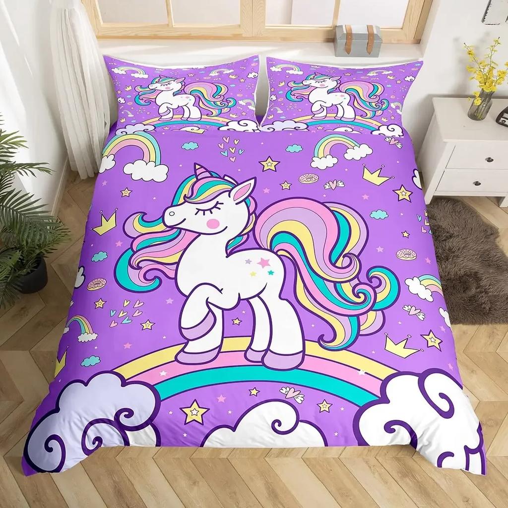 Unicorn Bedding Set Kids Purple Space Galaxy Duvet Cover Microfiber Quilt Cover Girly Cartoon Comforter Cover and 2 Pillowcases