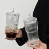Ribbed Glass Cups with Lids Straws Large 600ml Juice Coffee Tumblers, Stackable Dishwasher Safe Modern Glasses for Home Office