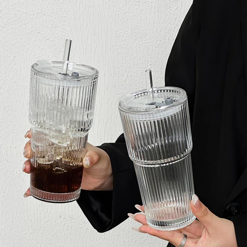 Ribbed Glass Cups with Lids Straws Large 600ml Juice Coffee Tumblers, Stackable Dishwasher Safe Modern Glasses for Home Office