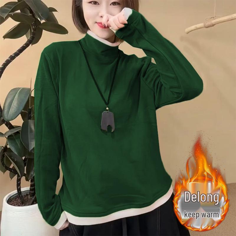 

Women s Hong Kong Style Color-Block Double-Sided Thermal Fleece High-Neck Long-Sleeve Top for Autumn/Winter 2X-Large зелёный