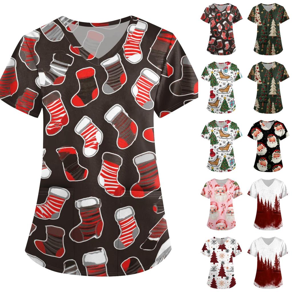 Women's Christmas Print Short Sleeve V-Neck Loose Fit Caregiver Uniform with Pockets