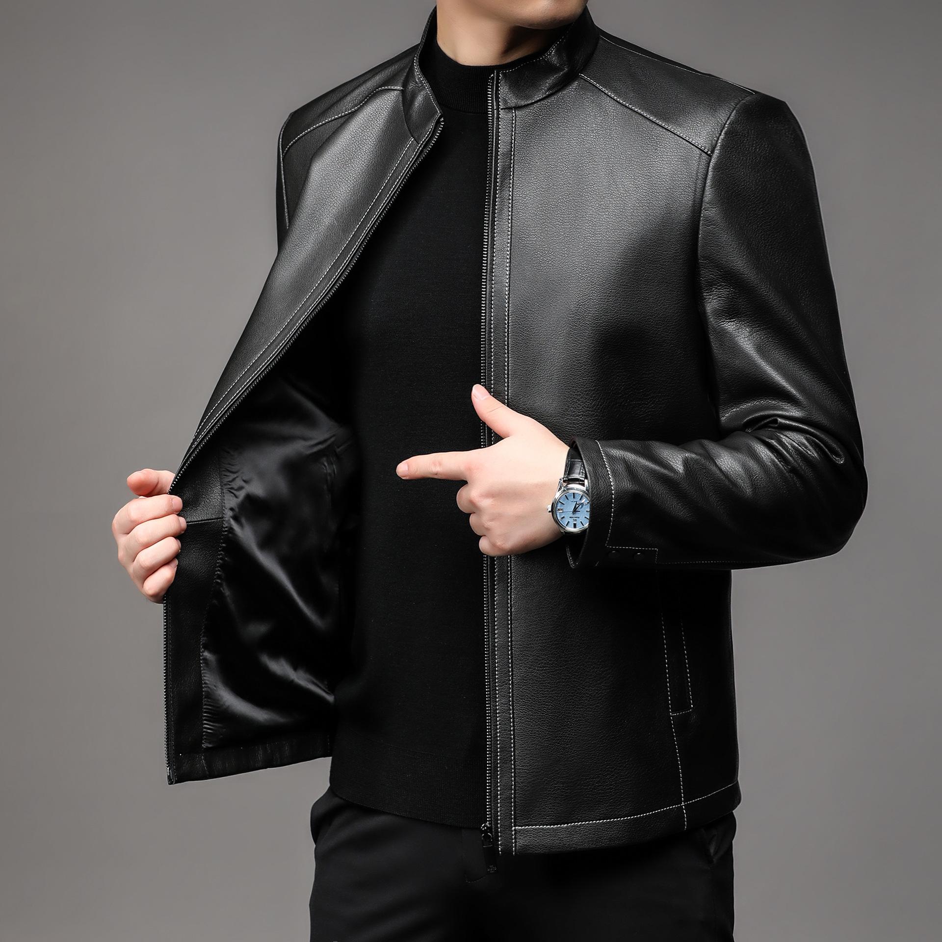 

Новая натуральная кожаная одежда верхний слой козья кожаная мужская куртка мотоциклетная короткая стойка воротник повседневная мужская куртка 190