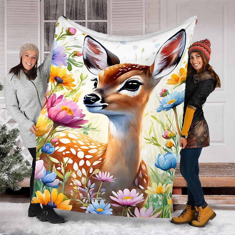 1pc Deer Floral Print Throw Blanket Polyester Fiber, Lightweight Flannel, Soft & Warm, All Season Use for Outdoor, Camping Digital Print