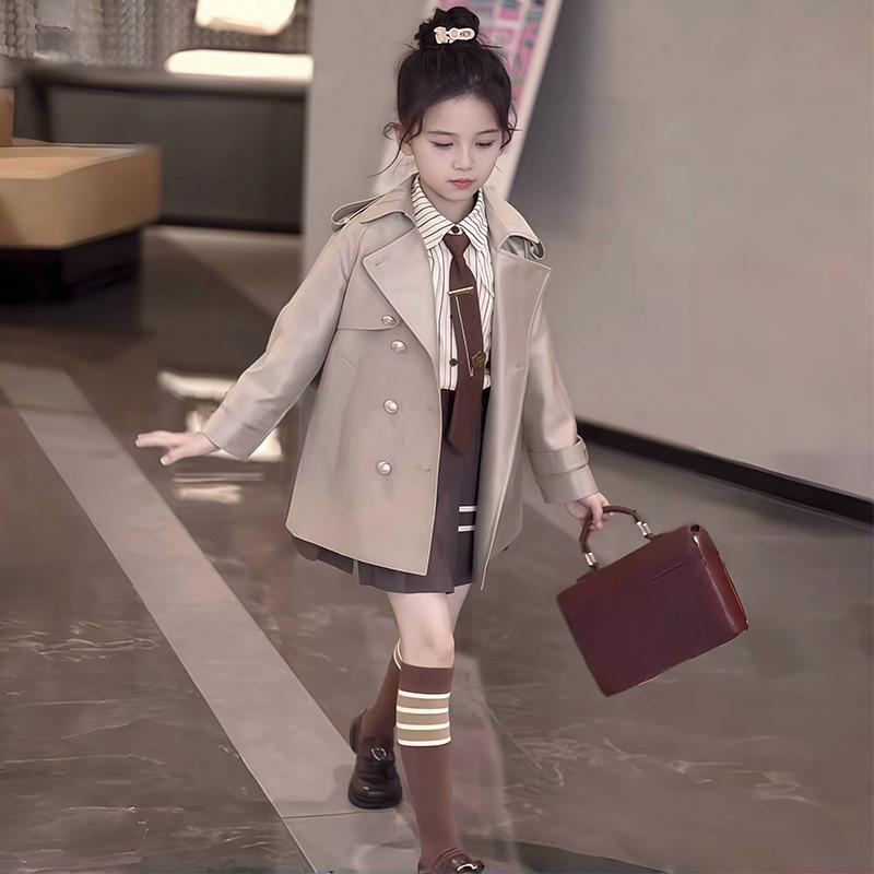 Girls' 2025 British Style Three-Piece Set: Mid-Length Trench Coat, Pleated Skirt, and Jacket for Spring/Autumn - New College Fashion.