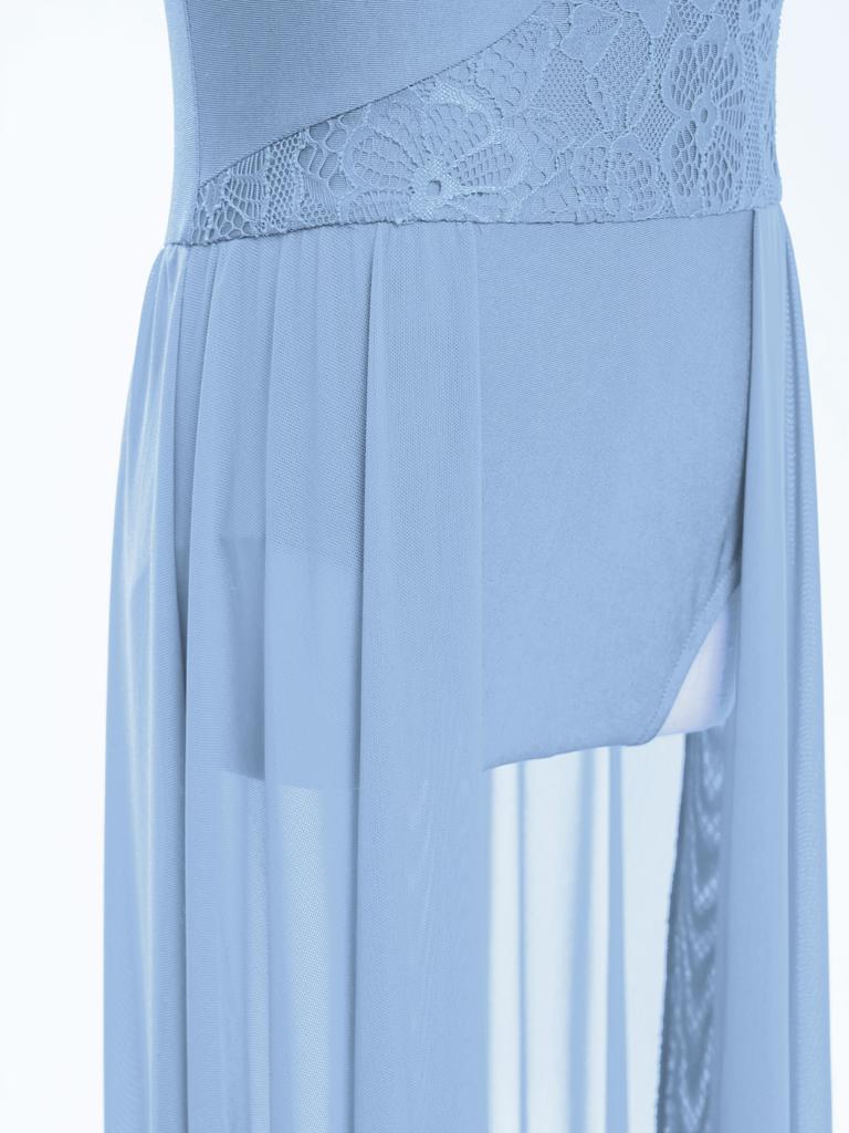 Kinder Mädchen Lyrisches Tanzkleid mit floralem Spitzen-Patchwork: Elegantes Stehkragen- und Cut-out-Rückendesign für Bühnenauftritte