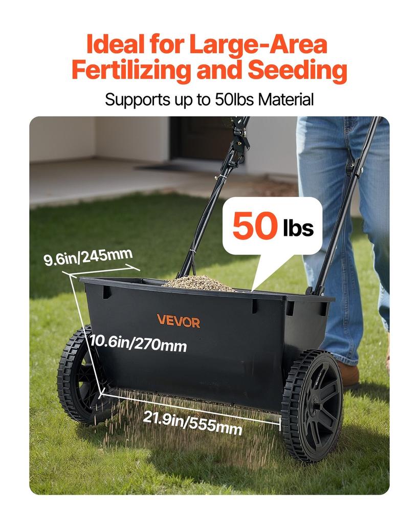 Walk-Behind Push Spreader, 50LBS Capacity, Drop Spreader with Hopper Grate, 18 in Spreading Width & 30 Settings, 10 in All Terrain Tires, Garden &