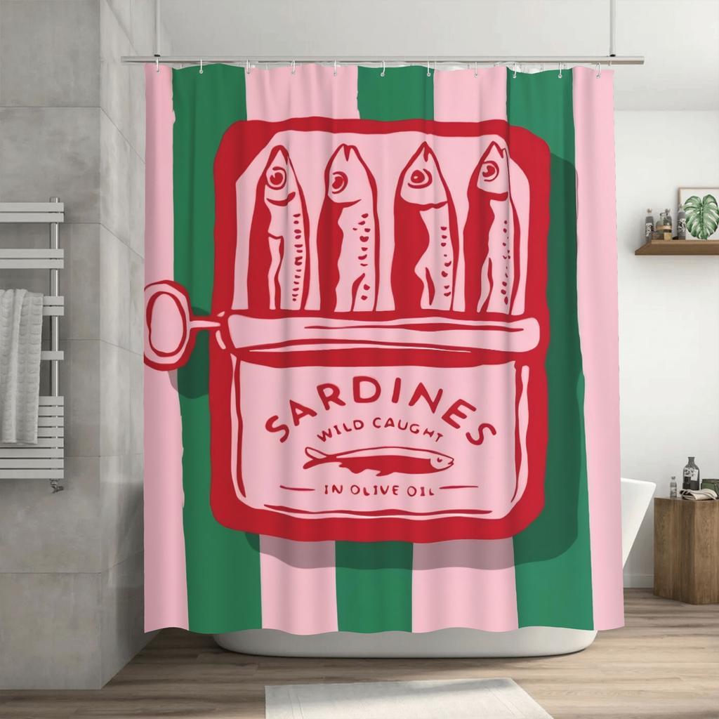 Sardines In Olive Oil Print Shower Curtain - Durable Polyester Bathroom Decor, Easy To Clean & Maintain, Stylish Fish Design