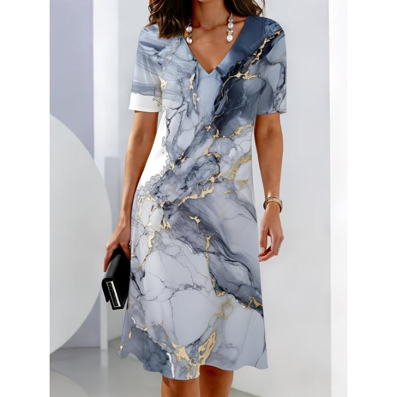 Ladies Summer V-Neck Short Sleeve Print Dress Fashion Street Style Personality Work Dress Holiday Dress