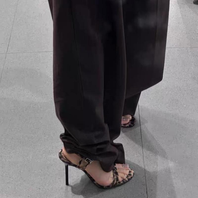 Spice Girl Recommended~ Temperament Leopard Print High Heels Women's Summer Stiletto Open-toed Banquet One-word Stiletto Sandals